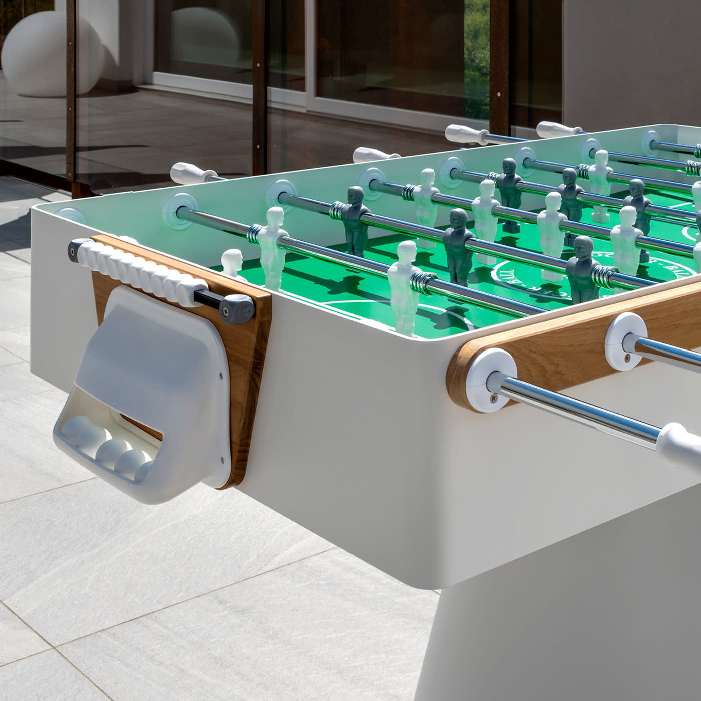 Ciclope White Foosball Table closeup lifestyle image