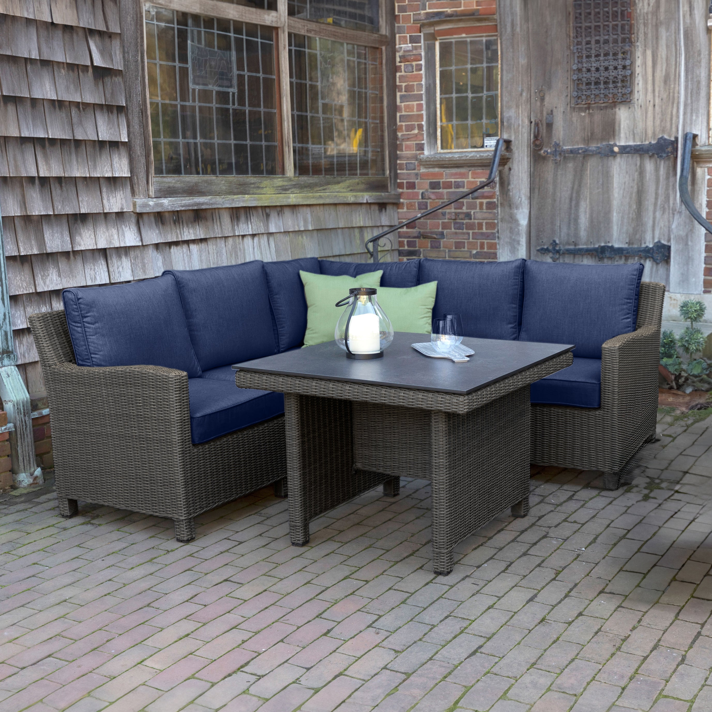 Palma Modular Wicker Corner Set with 37" x 37" Dining Table - Spectrum Indigo